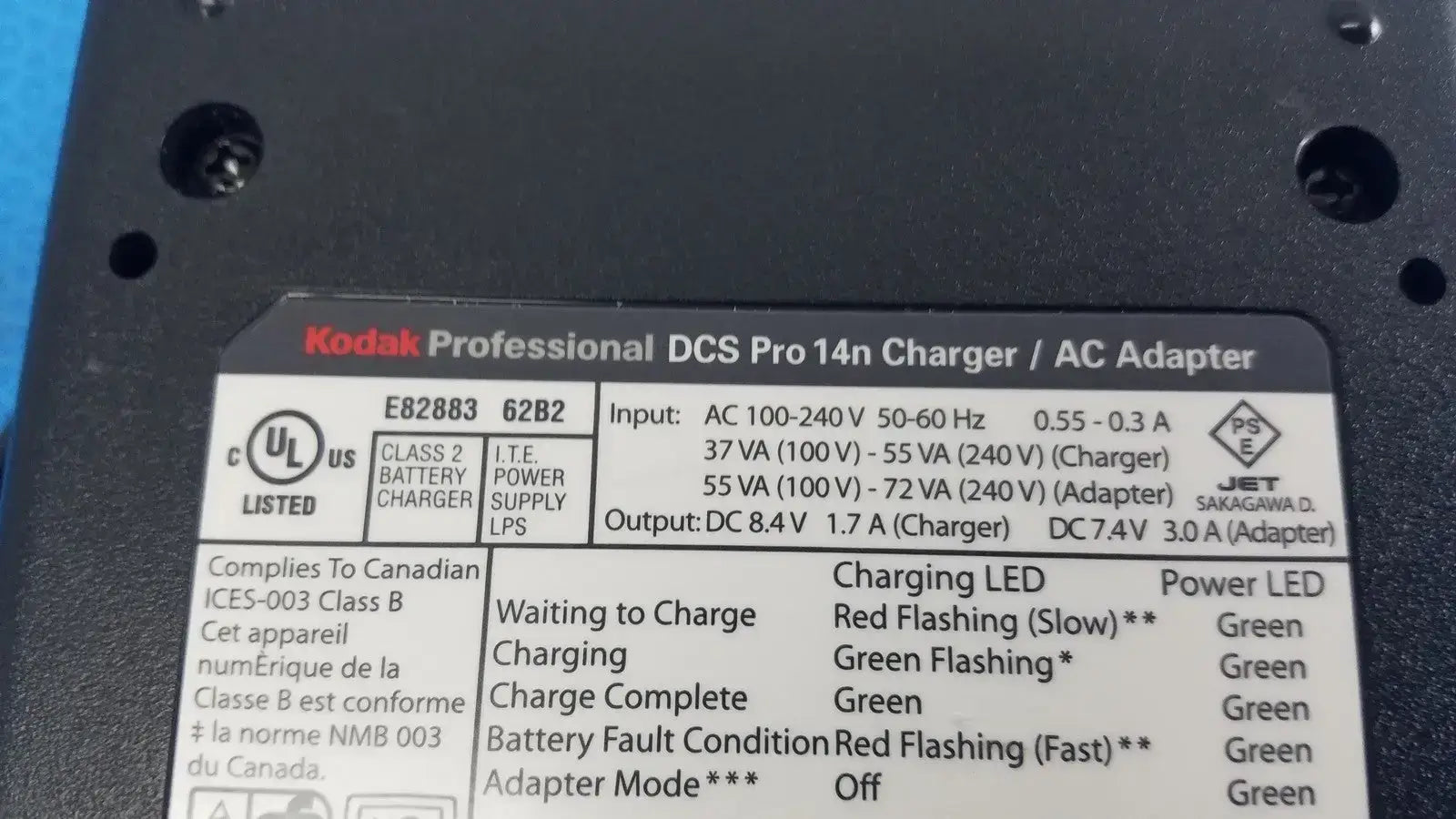 Kodak Professional DCS Pro 14n AC Adapter & Battery Charger w/ Charging Cable