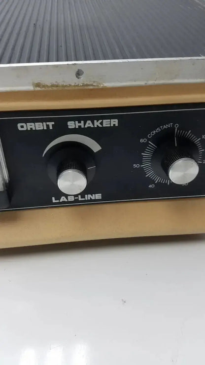 Lab-Line orbit mixer shaker model 3520 with black and gold design and two silver knobs for speed and constant settings