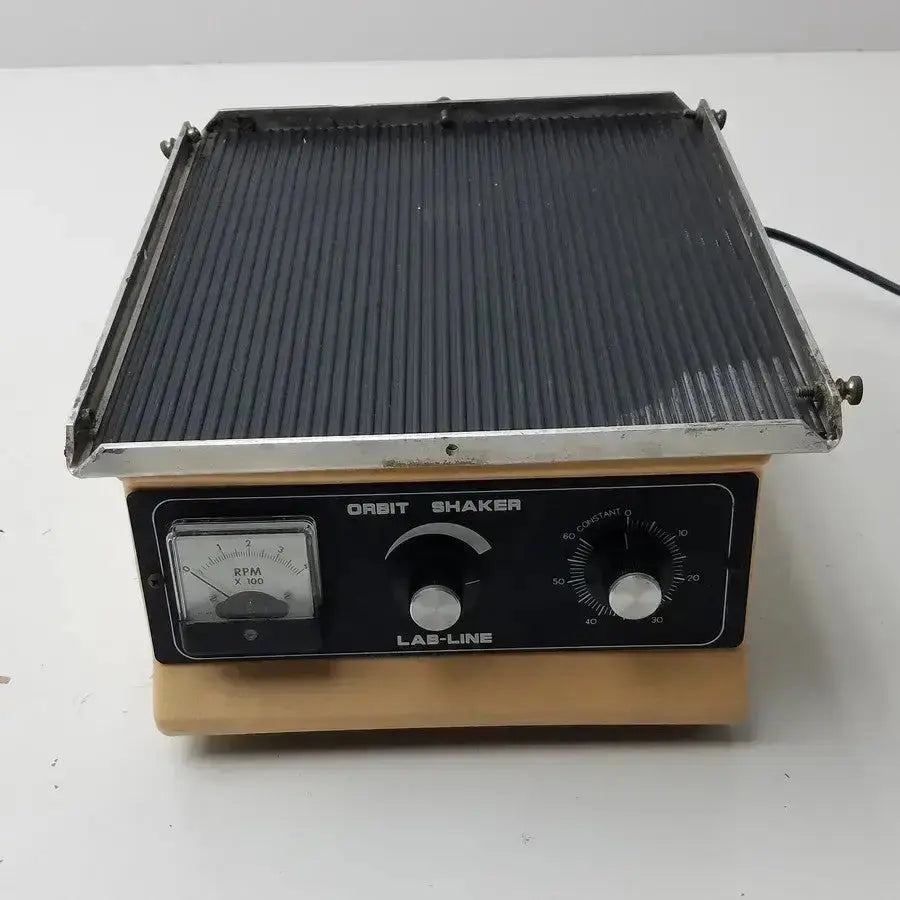 Black ribbed lab-line orbit mixer shaker model 3520 with silver metal frame and wooden base control panel