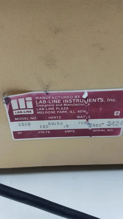 Maroon label on cardboard box for lab-line orbit mixer shaker model 3520 used for laboratory mixing applications