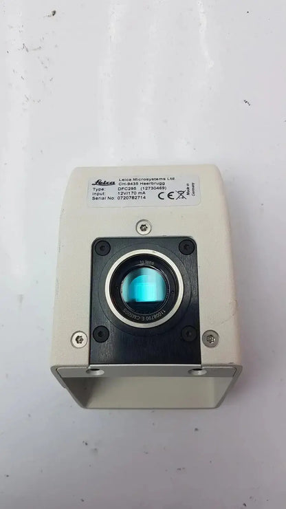 Leica dfc295 digital color microscope camera with black lens housing white casing and blue-tinted optical element