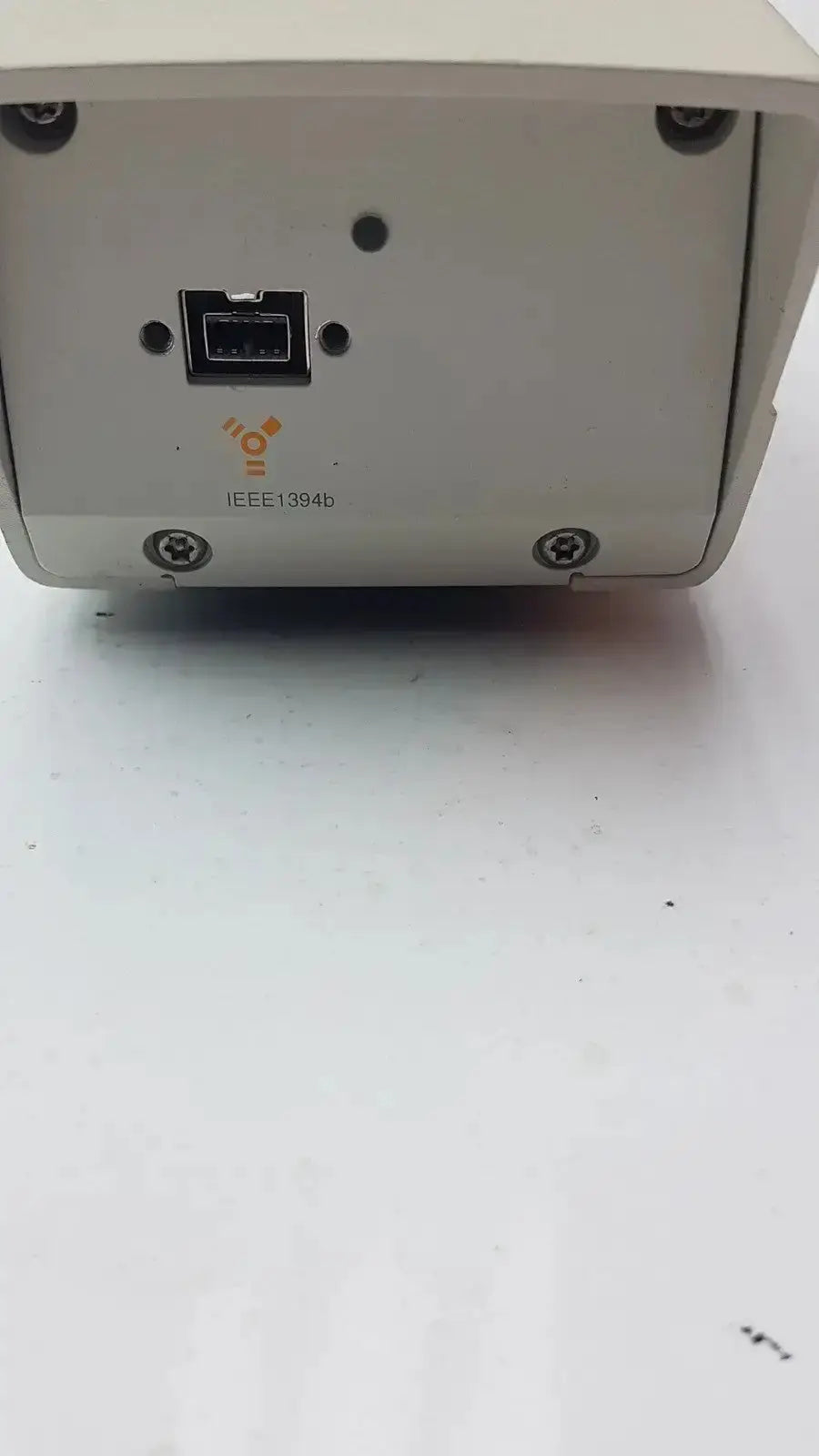 Off-white plastic leica dfc295 digital color microscope camera showing back with black ethernet port and orange ieee 1394b logo