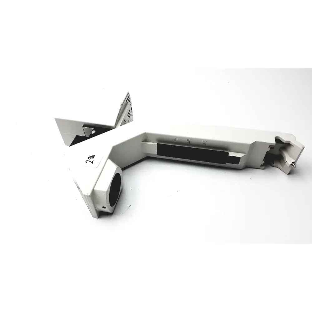 White plastic mechanical arm with black accents and measurement markings.