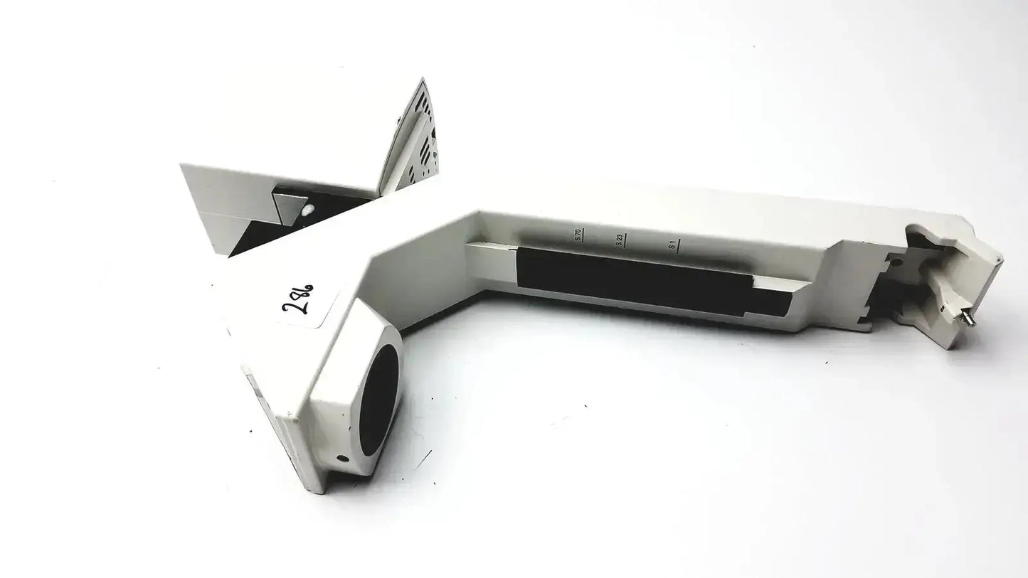 White plastic protractor with black markings and circular hole for use with Leica DM IRB inverted microscope 12v 100w halogen lamp housing