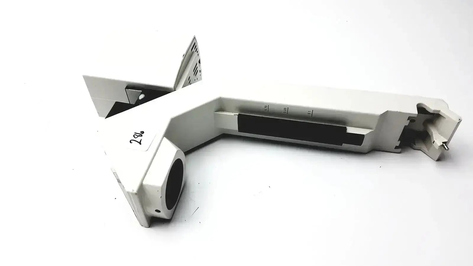 White plastic protractor with black markings and circular hole for use with Leica DM IRB inverted microscope 12v 100w halogen lamp housing