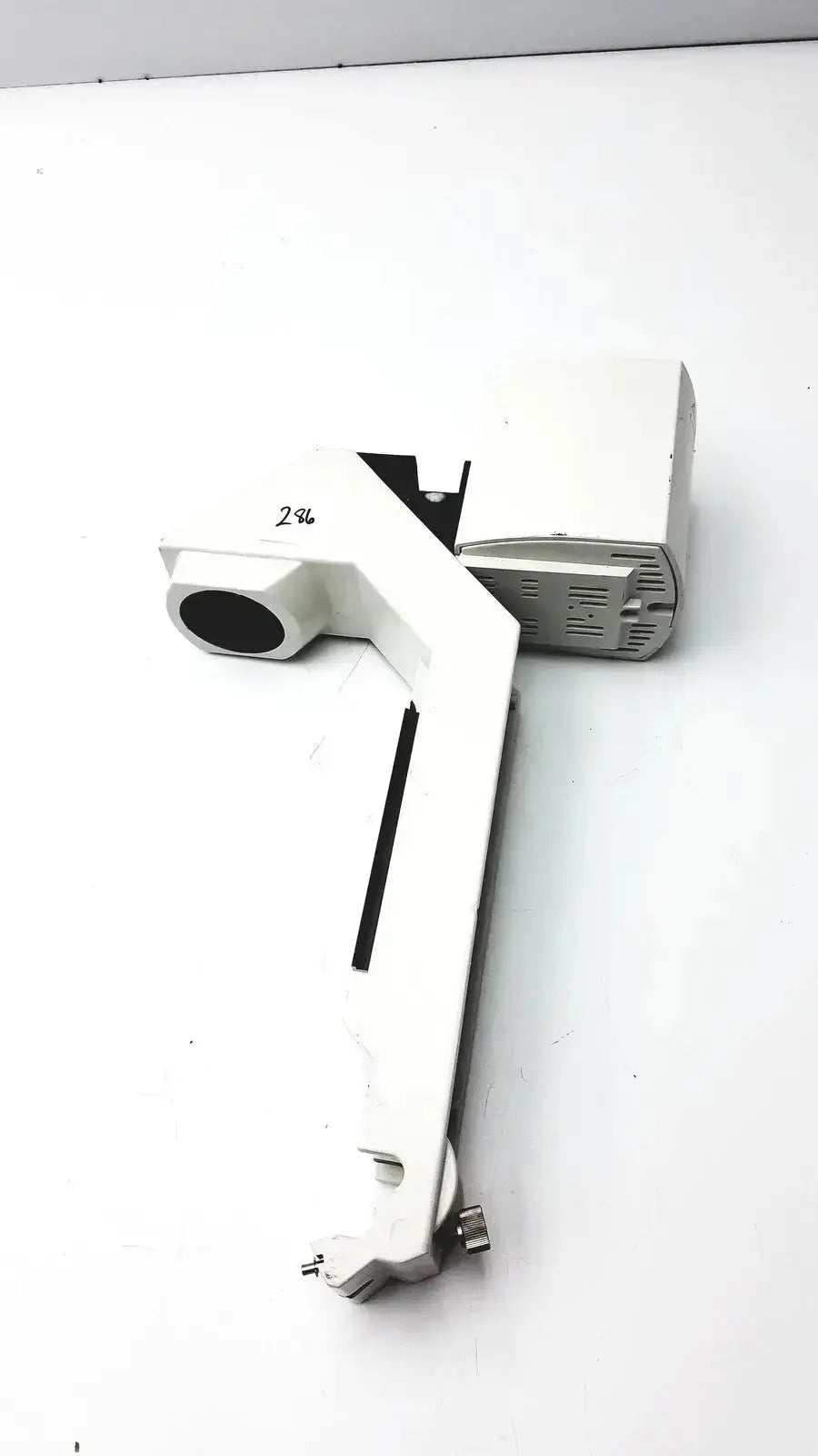 White plastic Leica DM IRB inverted microscope lamp housing with black lens opening and metallic knobs 12v 100w halogen