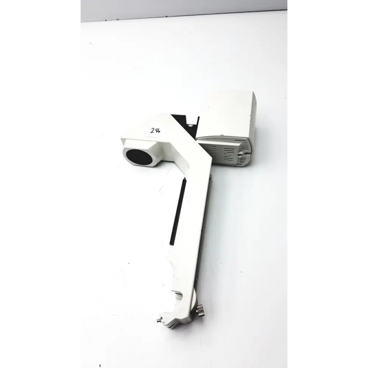 White plastic and metal articulated arm with a black circular lens at one end, designed for mounting or positioning.