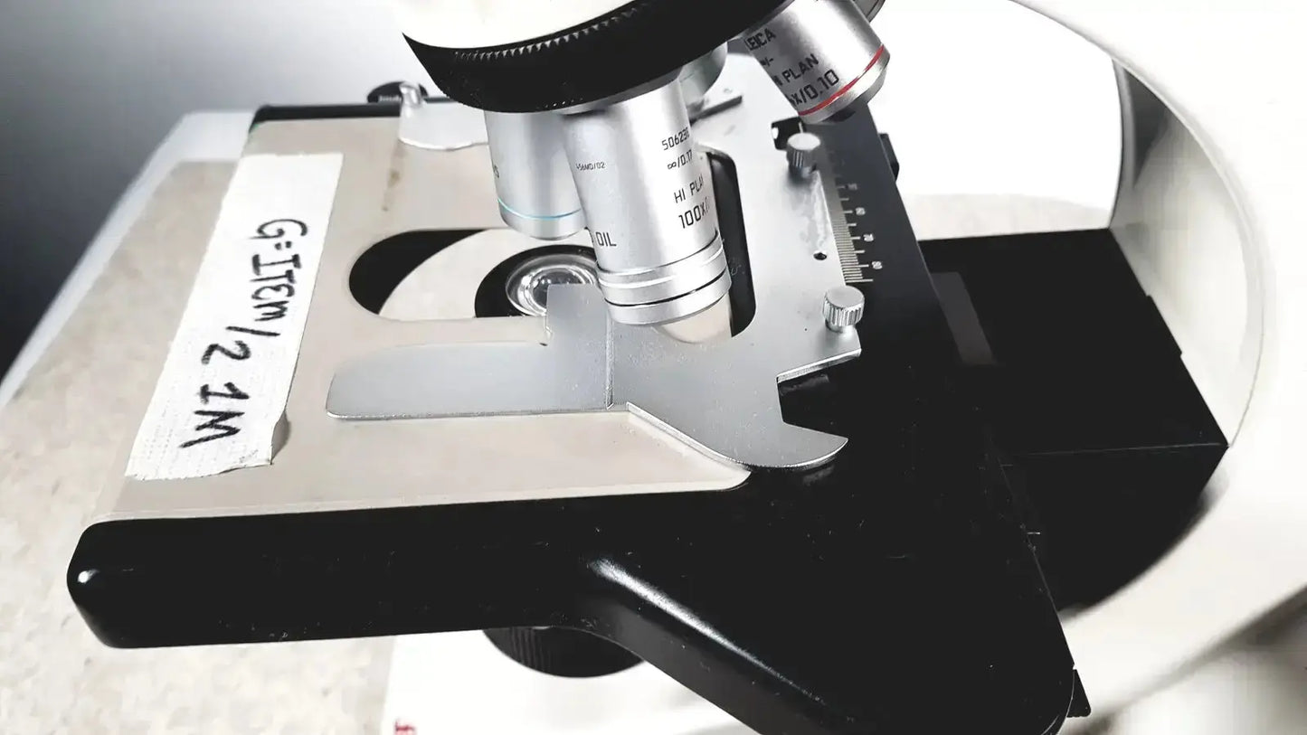 Silver metallic leica microscope model dm1000 with black base and adjustable stage featuring engraved markings on cylindrical parts