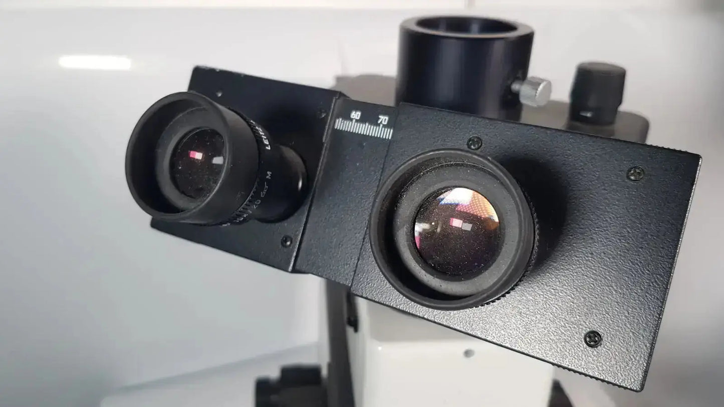 Black dual eyepiece stereo zoom microscope head with matte finish and adjustable focus knobs for leitz metallux 3