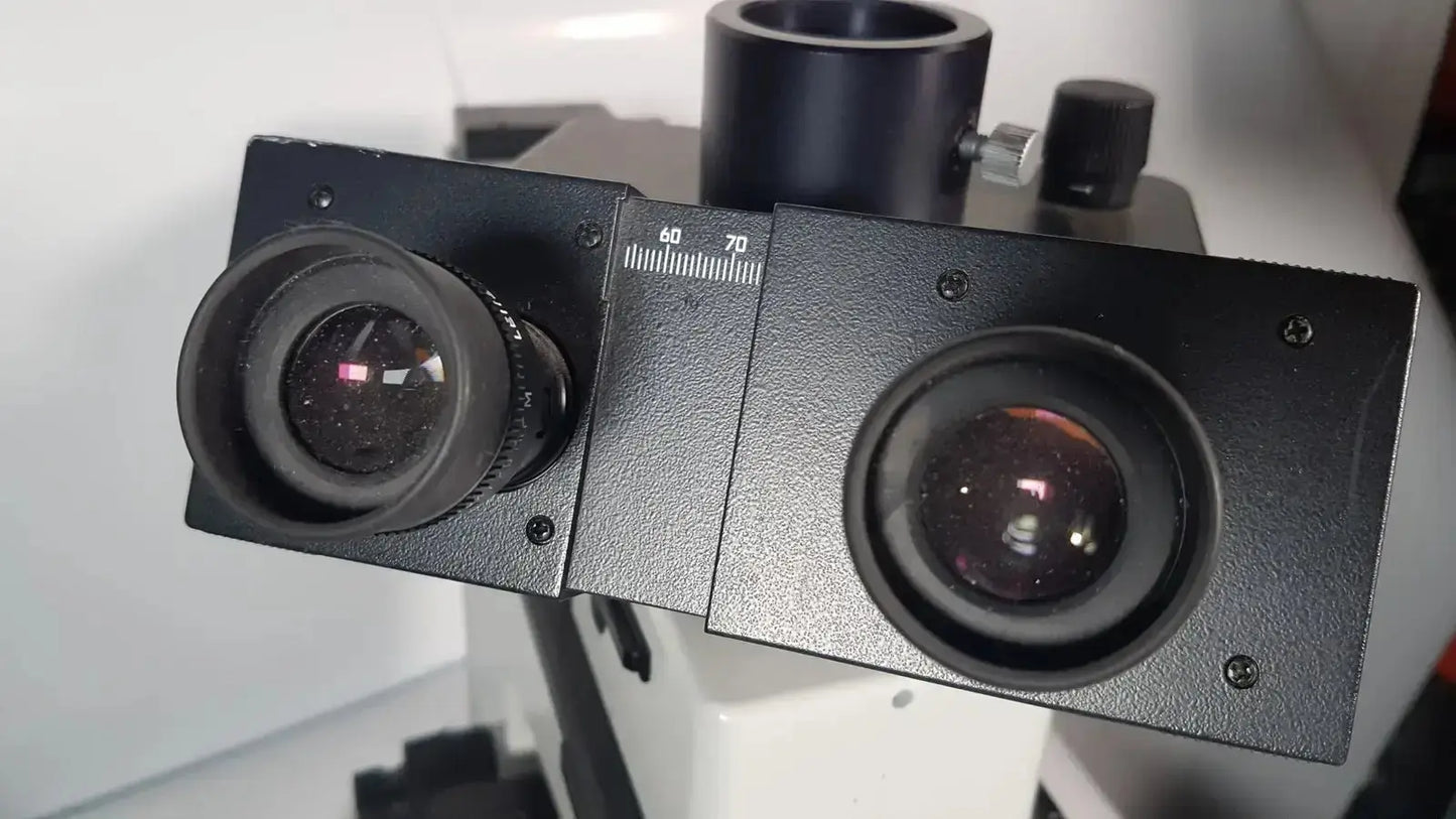 Black dual eyepiece head with matte finish and numbered scale markings for leitz metallux 3 stereo zoom microscope