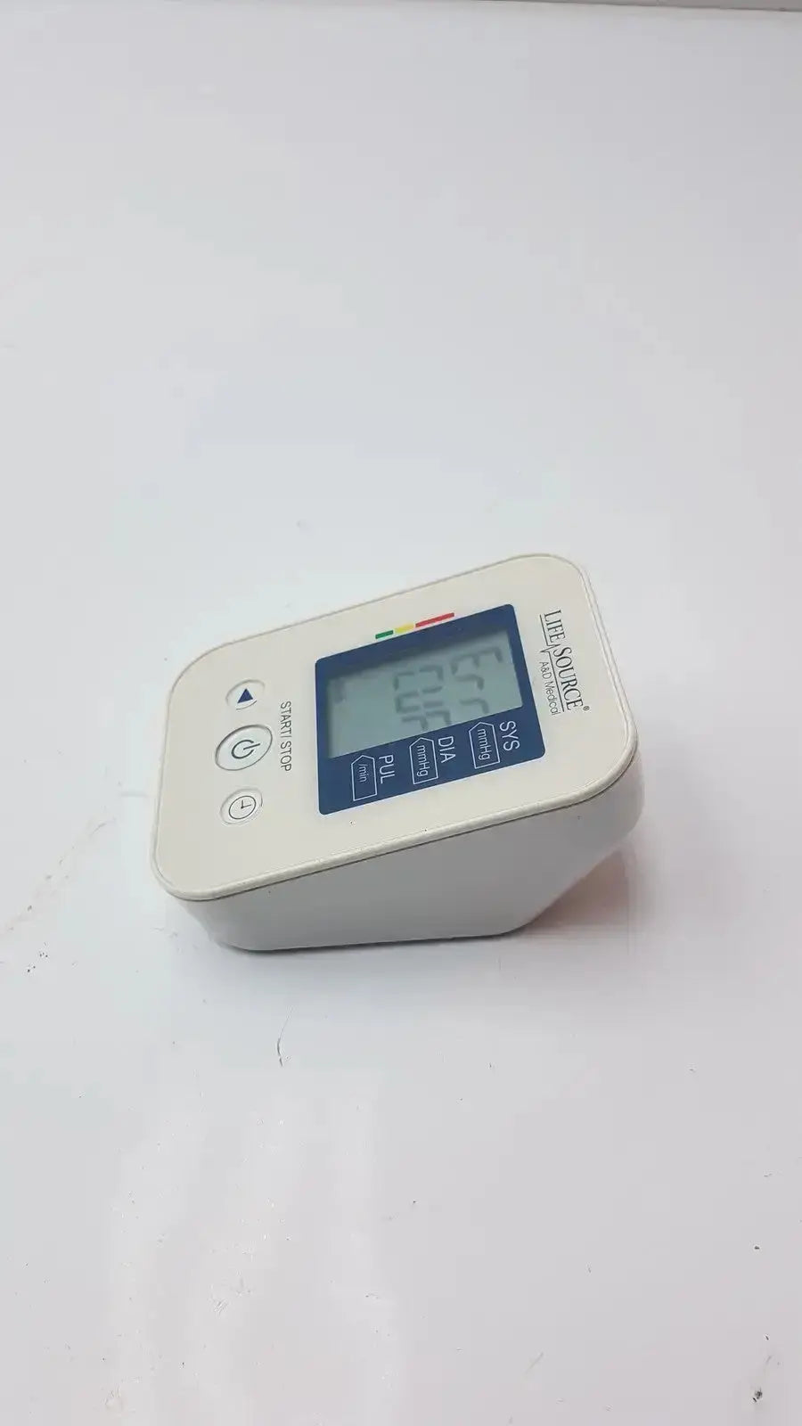 Life Source A&D medical digital blood pressure monitor UA-652L-AC white plastic with blue LCD and labeled measurement buttons
