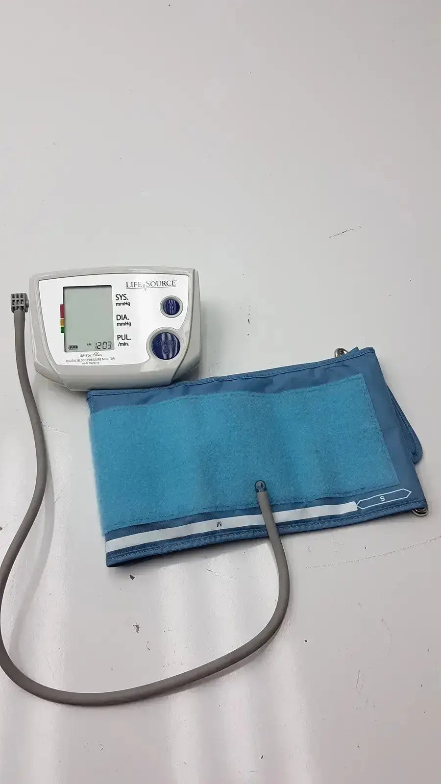 Life source ua-767 plus digital blood pressure monitor with white body blue cuff and gray tubing for accurate readings