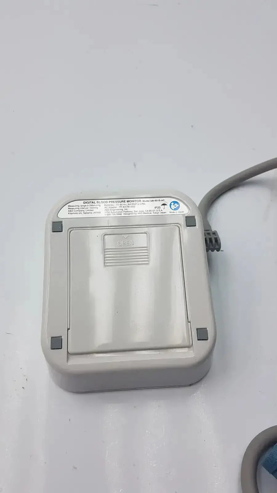 Gray plastic LifeSource A and D Medical digital blood pressure monitor UA-651S-AC with rectangular body and rounded edges