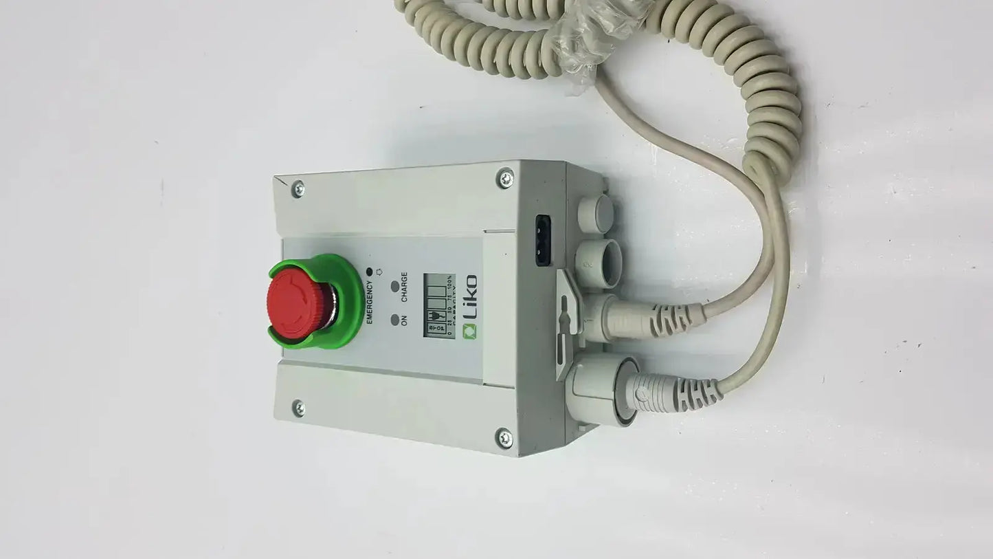 Gray industrial control box with red emergency stop button and liko logo cbj linak cbj2005hd112xx4 model cbj2018-02