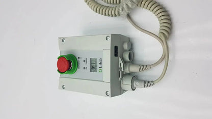 Gray industrial control box with red emergency stop button and liko logo cbj linak cbj2005hd112xx4 model cbj2018-02
