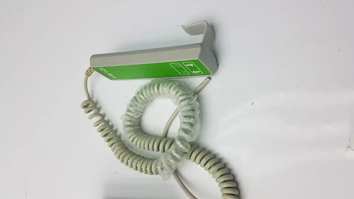 Gray coiled cable with green and gray control box featuring two buttons for cbj linak cbj2005hd112xx4 handset