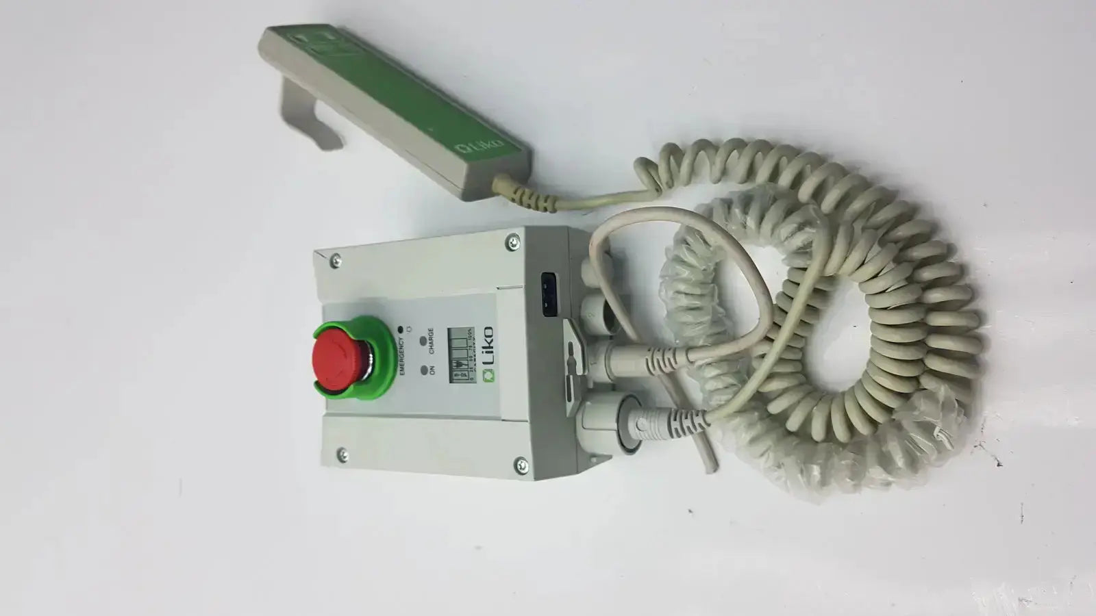 Gray industrial control box with red emergency stop and green safety handle cbj linak cbj2005hd112xx4 model cbj2018-02
