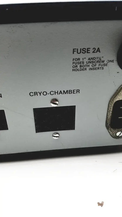 Close-up of the back panel of lkb cryokit control unit with fuse labels and chamber access on industrial-grade equipment