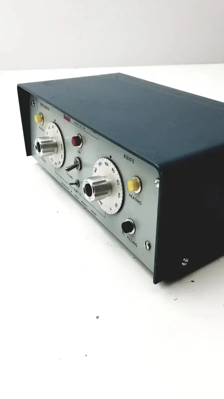 Black metal lkb cryokit control unit with silver dials yellow and red knobs labeled knife heating and filling functions
