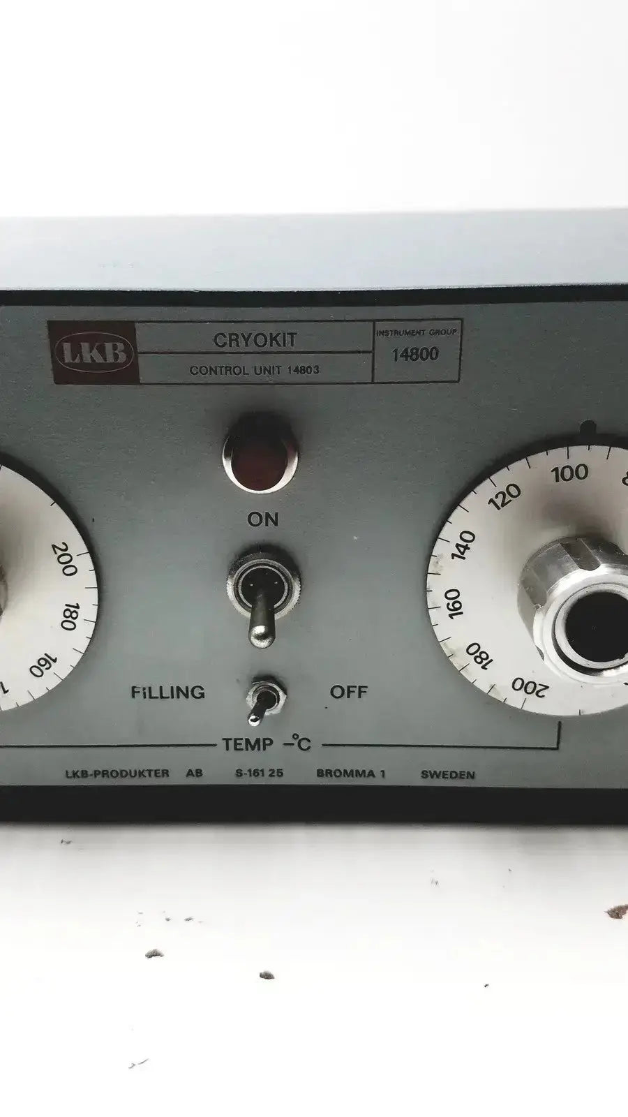 Silver lkb cryokit control unit with two rotary dials and toggle switch featuring temperature settings engraving