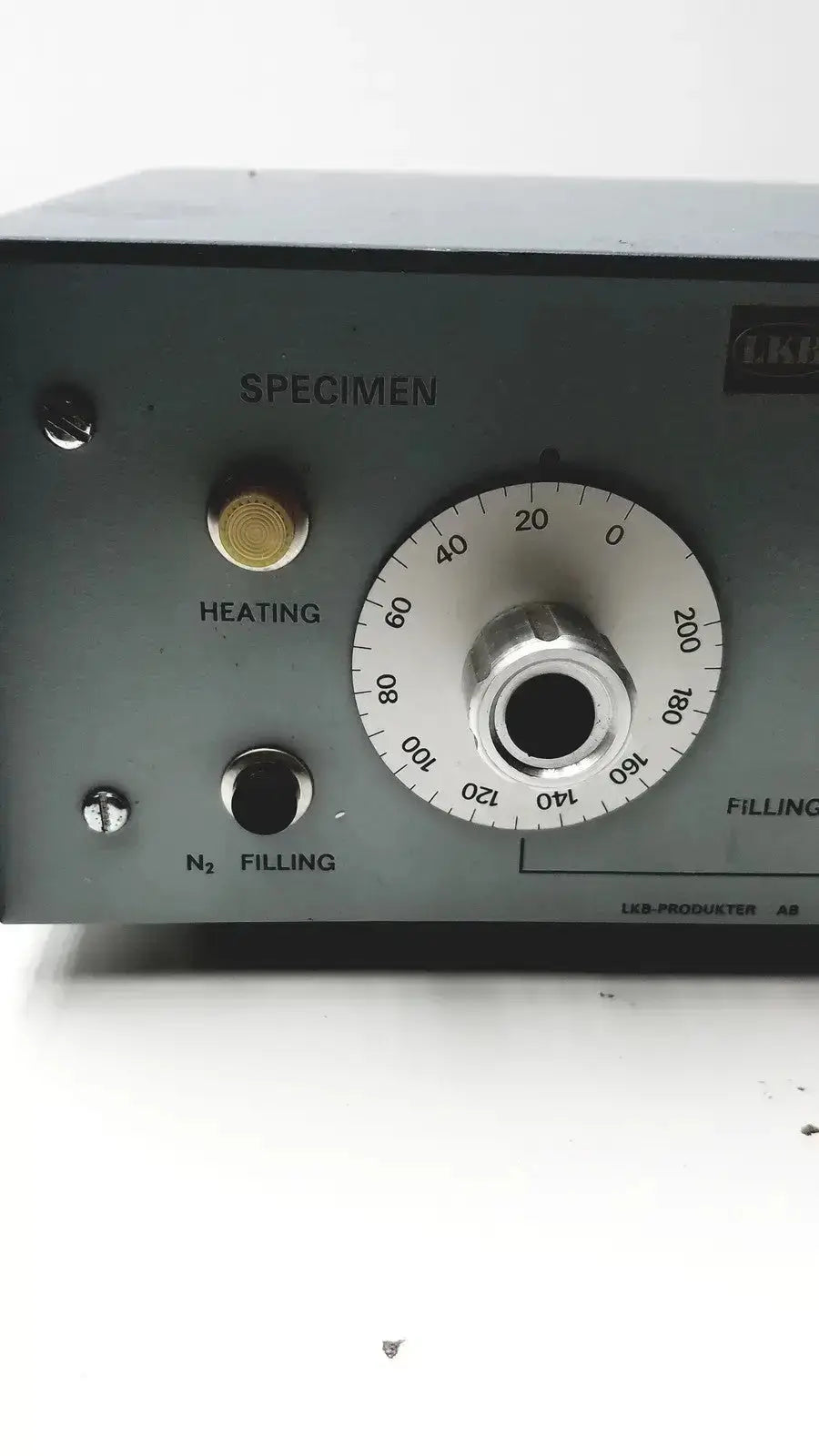 Gray metal lkb cryokit control unit with circular degree dial and two knobs specimen labeled cat no 14803 serial no 288