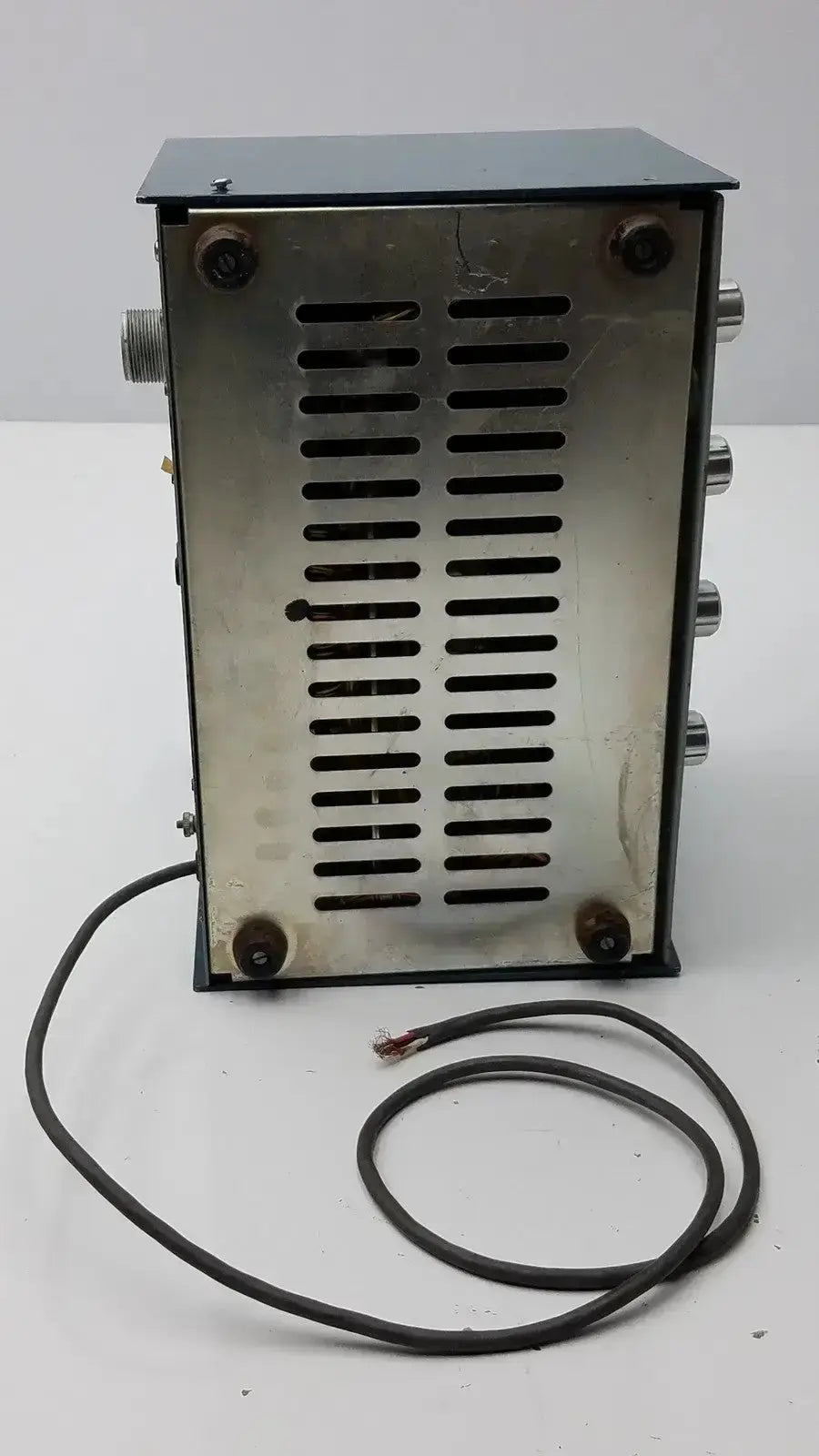 Black and silver metal lkb ultrotome control unit type 4802a with vented back panel knobs and attached coiled cable