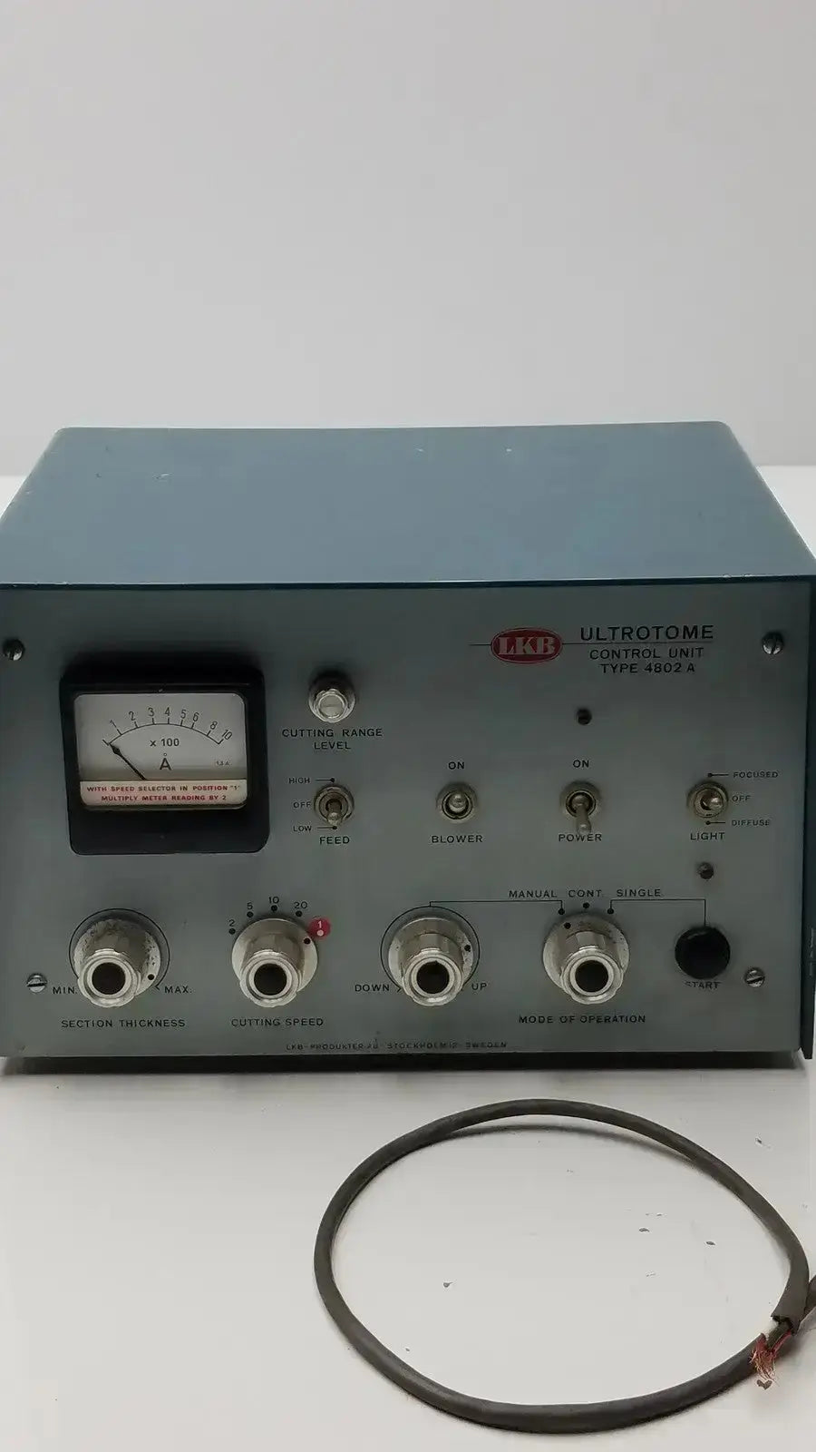 Blue metal lkb ultrotome control unit type 4802a with silver faceplate dials and switches for precise operation