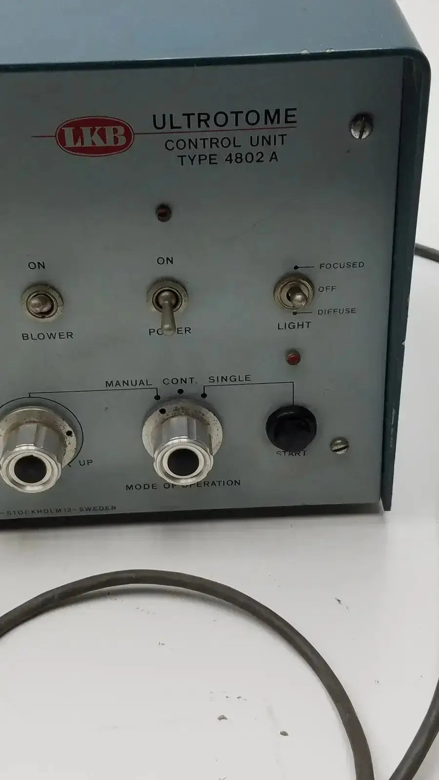 Gray metal lkb ultrotome control unit type 4802a with labeled switches and knobs for blower power light and start functions