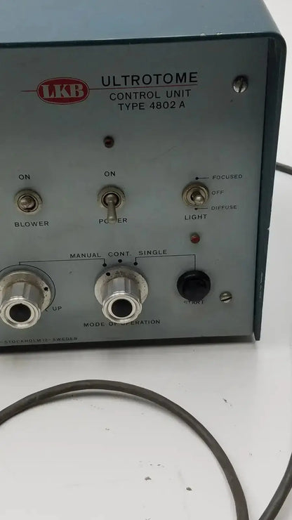 Gray metal lkb ultrotome control unit type 4802a with labeled switches and knobs for blower power light and start functions