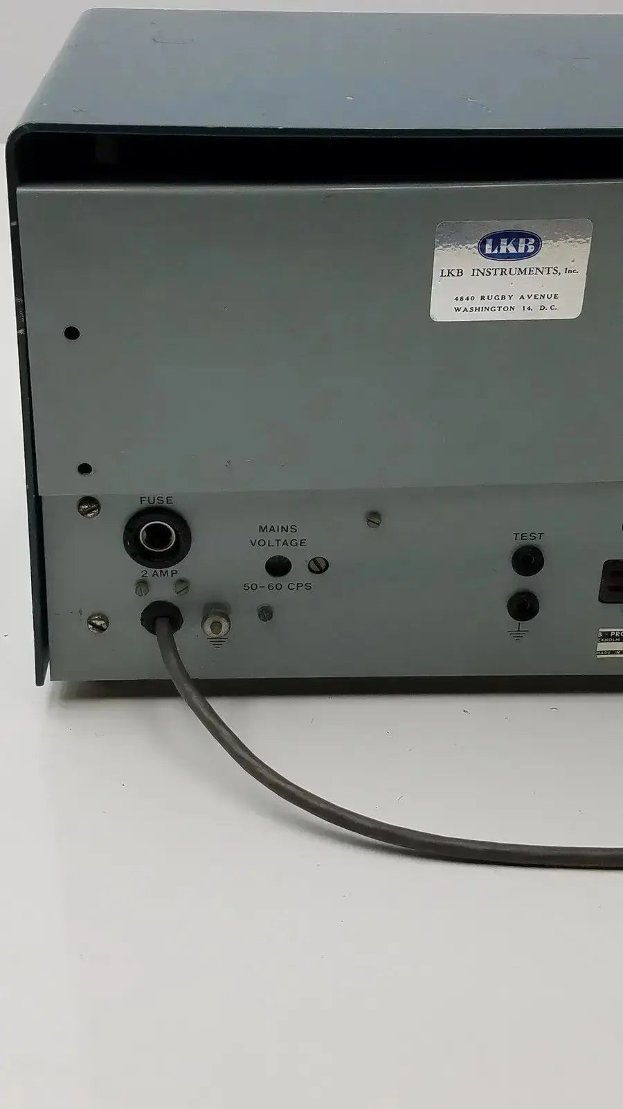 Gray metal lkb ultrotome control unit type 4802a control unit with manufacturer label and address visible on the back side