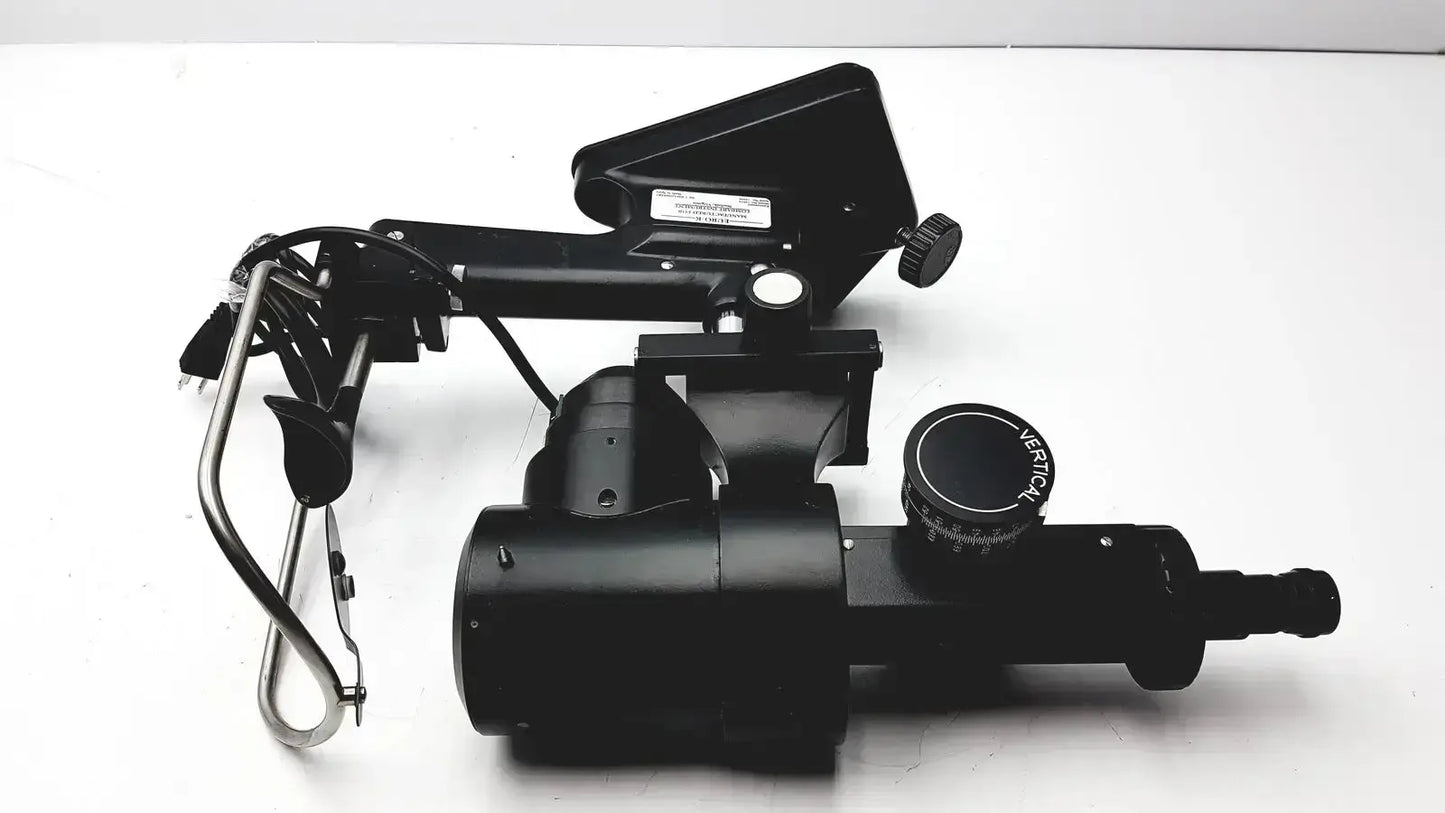 Black metal telescope mount with adjustable arm and tripod base in lombart instrument keratometer model 12515