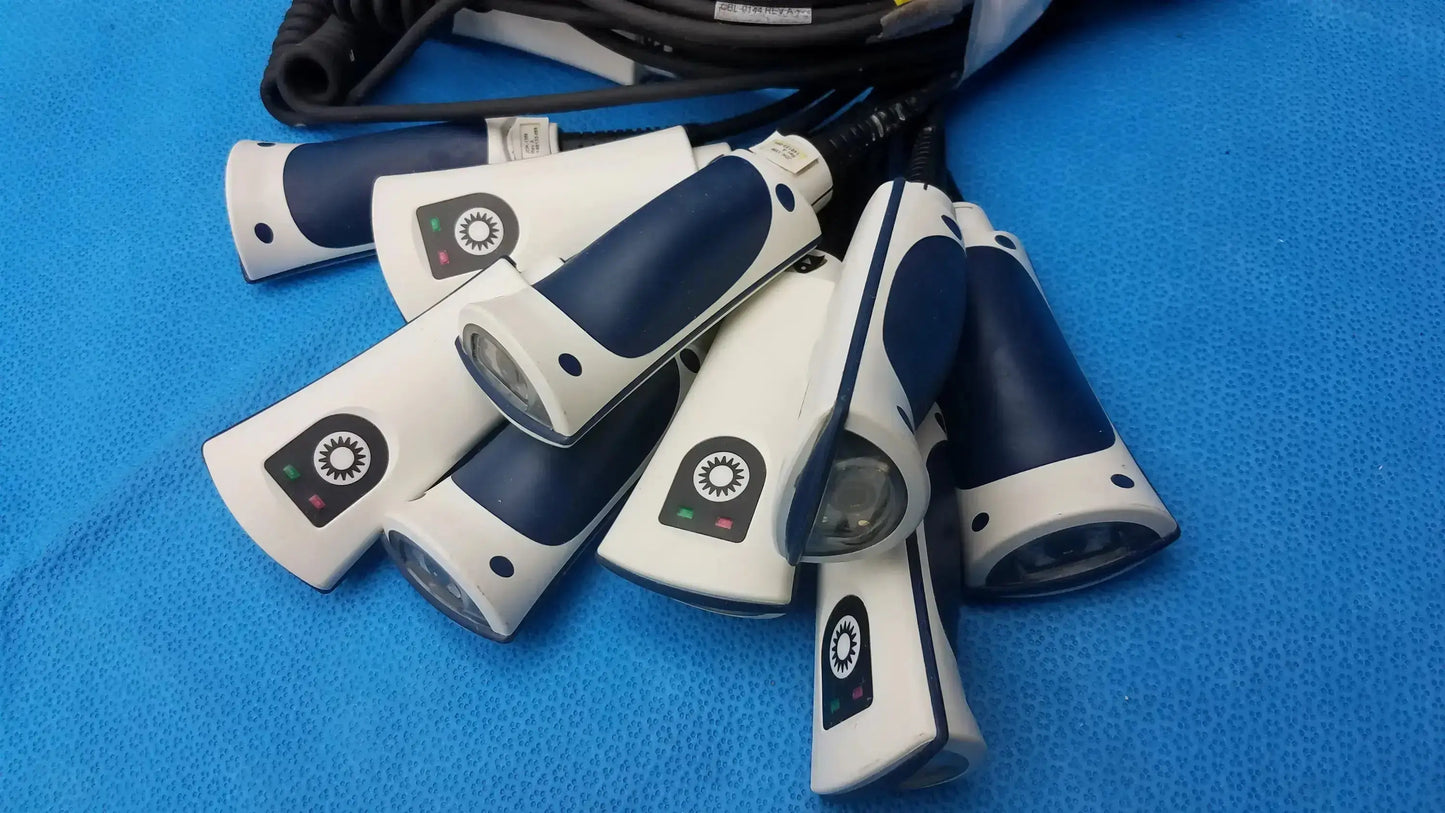 Lot of 10 Jadak CBL-0144 white and navy blue handheld barcode scanners with circular logos for medical use