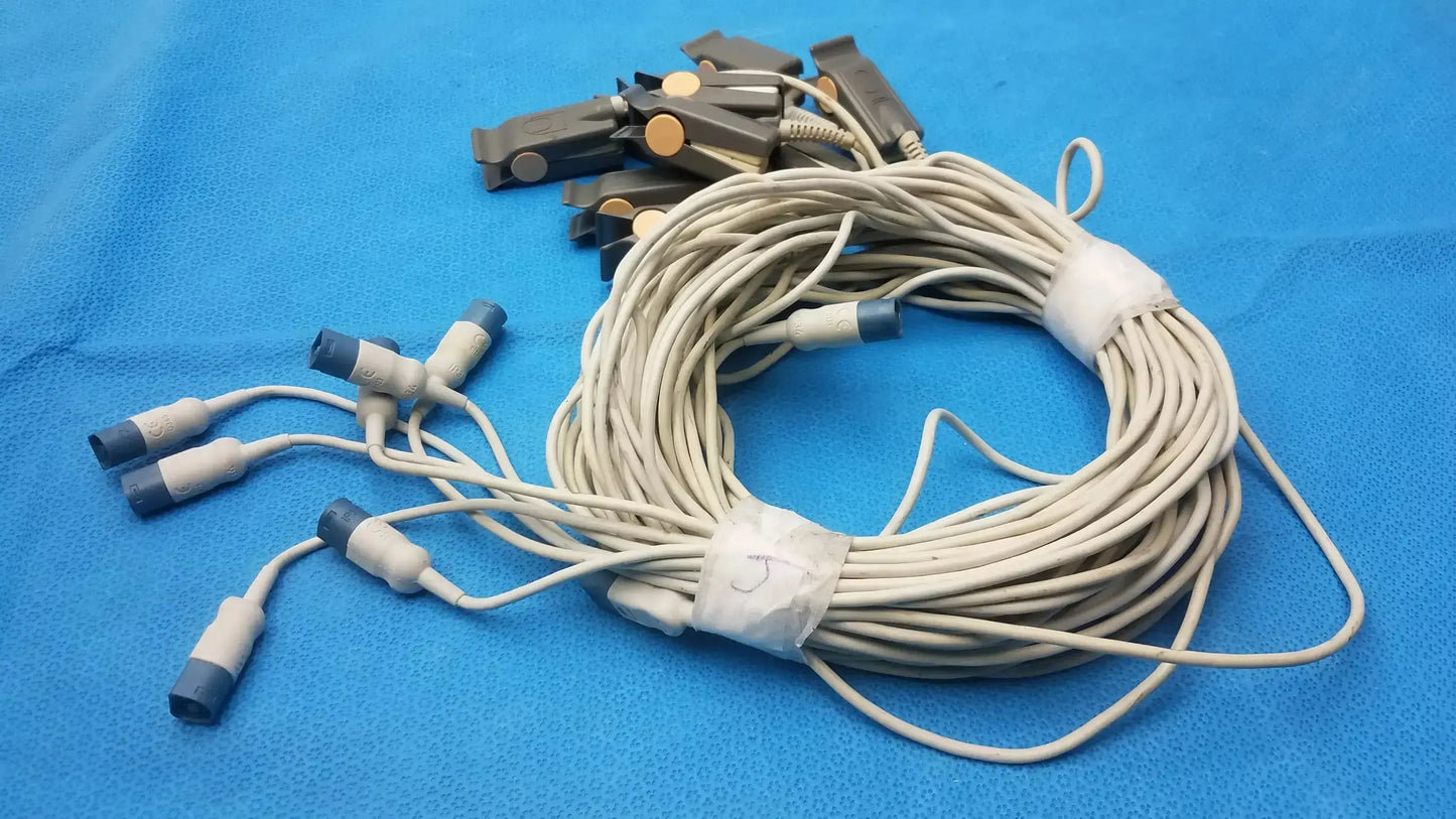 Coiled beige medical-grade cable with blue-tipped connectors and gray housing for philips adult finger clip sensor