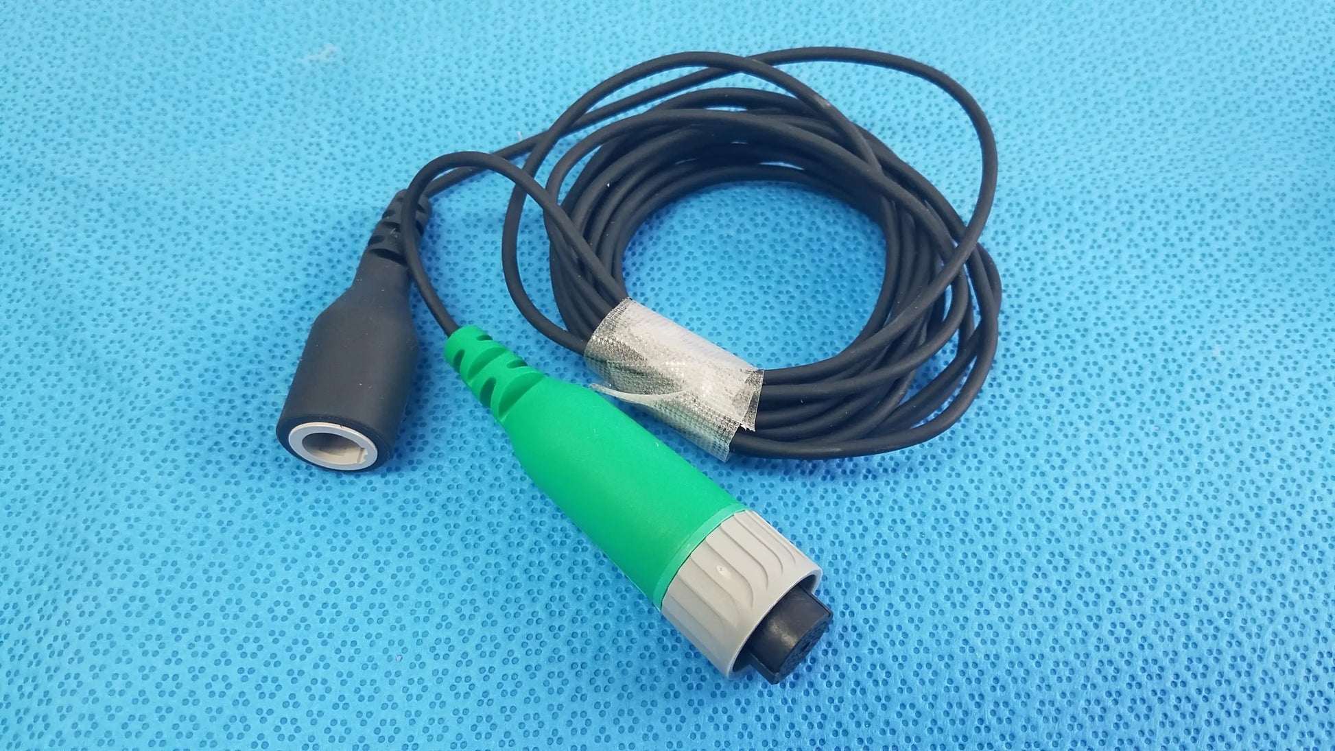 Lot of 2 D-ENS-SUP-Q-CBL medical-grade green and gray catheter connector cables with black coiled cords for reuse medical equipment