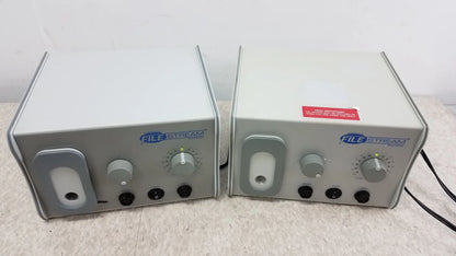 Two gray Medicool 1811 File Stream II podiatry drills with control knobs and ports for reuse medical equipment
