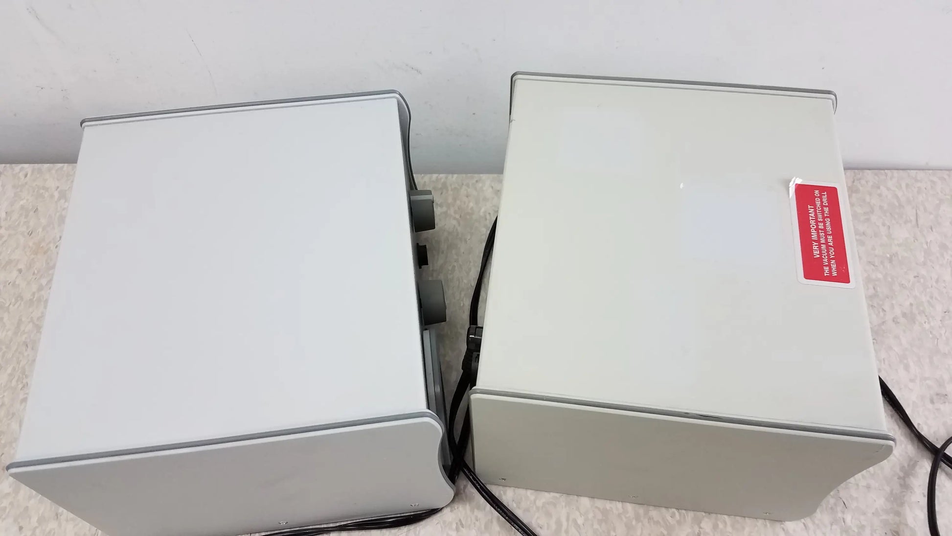 Lot of 2 medicool 1811 file stream ii podiatry drills in light gray with black cables and red warning label medical equipment