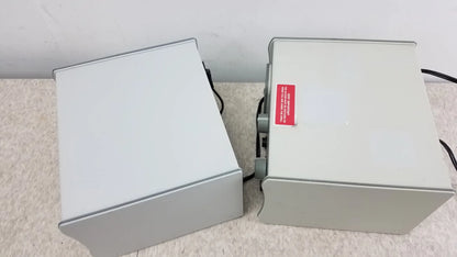 Two light gray metal medicool 1811 file stream ii podiatry drill enclosures with black cables for reuse medical equipment