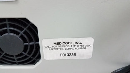 White rectangular medicool inc label with service info on light gray lot of 2 stream ii podiatry drill medical equipment