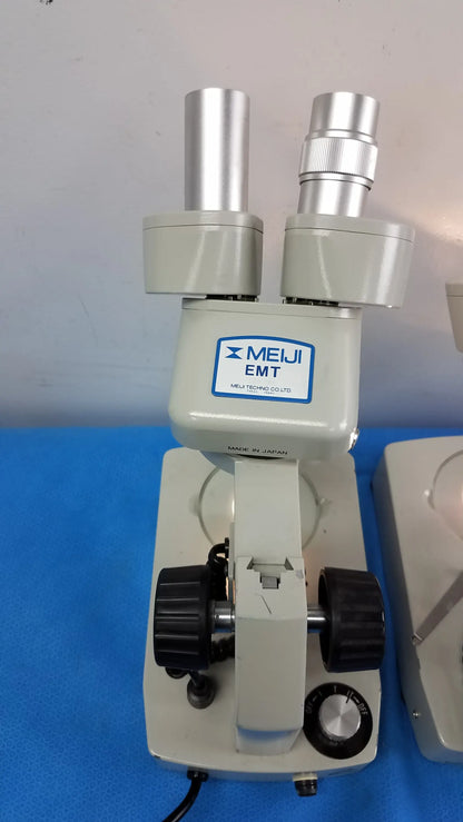 Lot of 2 meiji techno emt-1 stereo microscopes with dual eyepieces gray body medical equipment for detailed observation