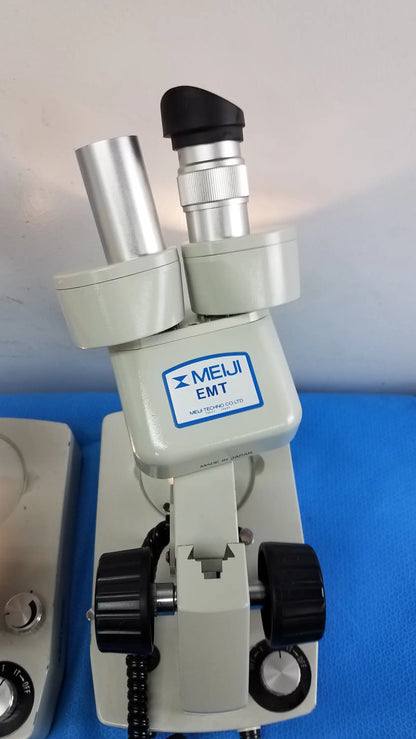 Lot of 2 meiji techno emt-1 stereo microscope with silver metallic eyepieces black knobs on light gray medical equipment body