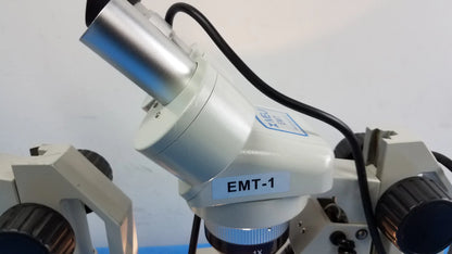 Silver and white meiji techno emt-1 stereo microscope with metallic eyepiece for medical equipment use lot of 2
