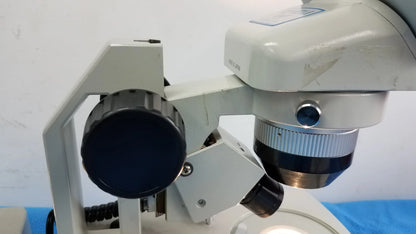 Lot of 2 meiji techno emt-1 white and silver stereo microscopes with black eyepiece knob for medical equipment use