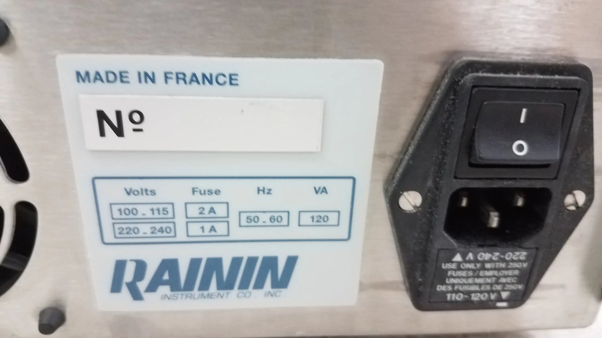 Black power switch with on off toggle and grounding plug on the back of lot of 2 Rainin HPXL solvent delivery system for buy used medical equipment