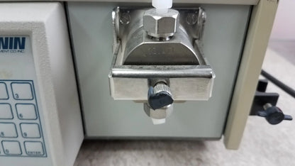 Stainless steel fluid delivery valve with black knob and hexagonal fittings in lot of 2 rainin hpXL solvent delivery system for buy used medical equipment