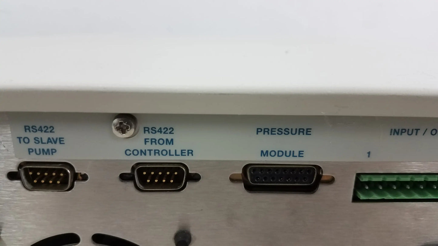 White industrial control panel with three rs422 ports and green terminal block for lot of 2 rainin hpXL solvent delivery system pre owned medical equipment for sale