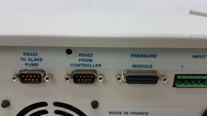 White industrial control panel with three black rs422 serial ports and one green input connector for used medical equipment for sale