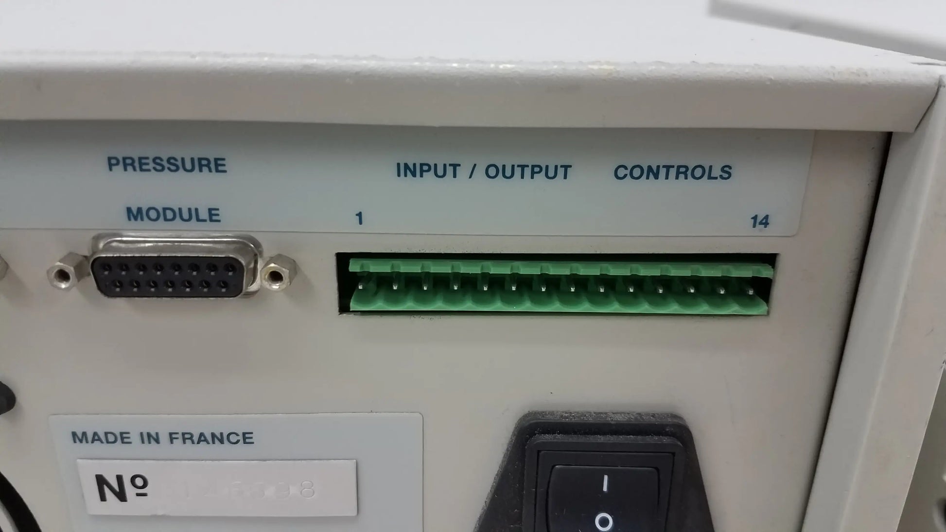 White industrial control panel with silver d-sub connector and green terminal strip module 1 in used medical equipment for sale lot of 2 rainin hpXL solvent delivery system