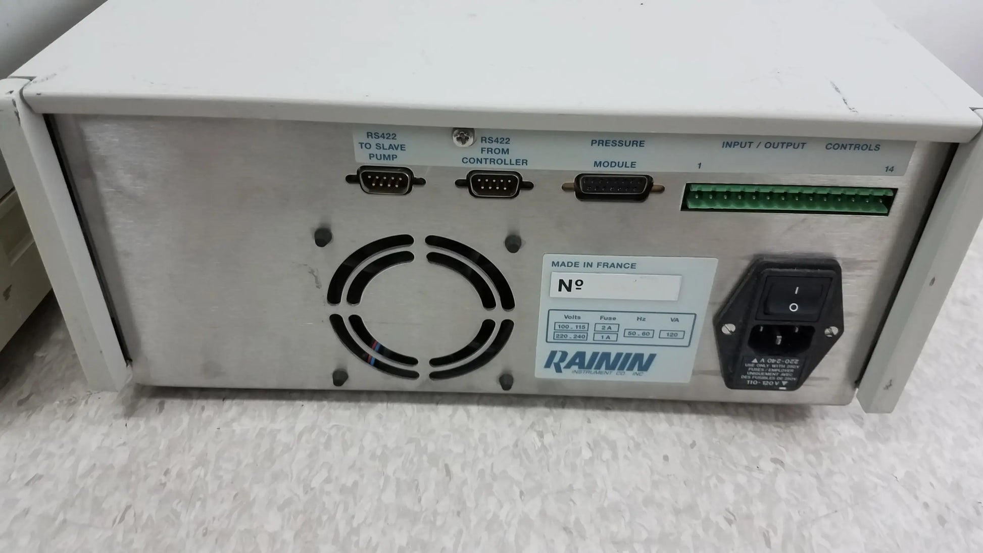 White metal industrial control box with labeled ports and power switch for lot of 2 rainin hpXL solvent delivery system used medical equipment for sale