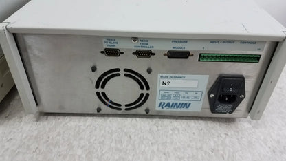White metal industrial control box with labeled ports and power switch for lot of 2 rainin hpXL solvent delivery system used medical equipment for sale
