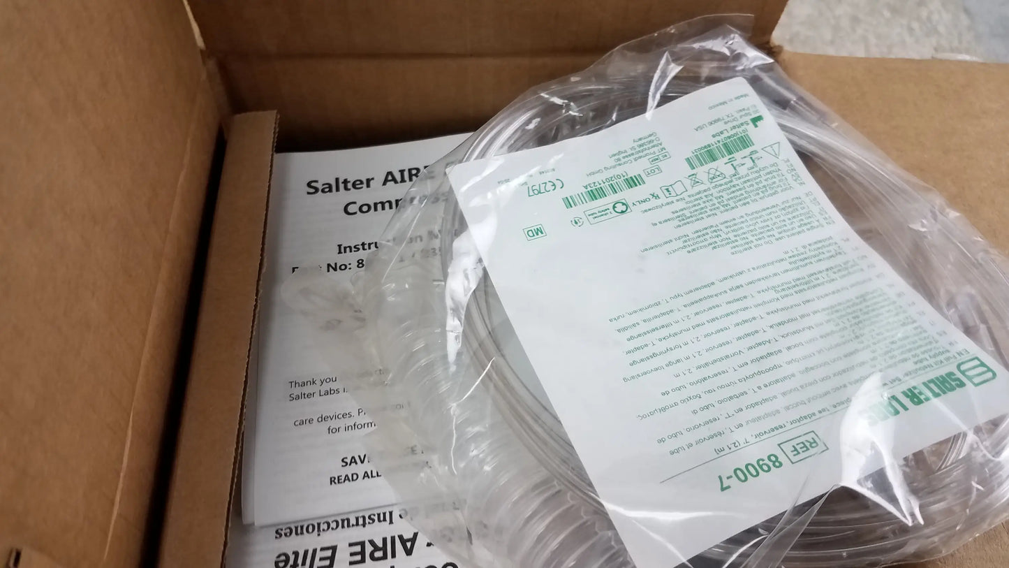 Clear plastic medical air line in sealed package with instructions for Salter AIRE Elite compressor nebulizer system buy used medical equipment
